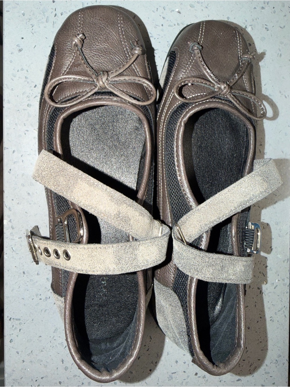 Gray Leather Ballet Flats with Suede Mary-Jane Strap